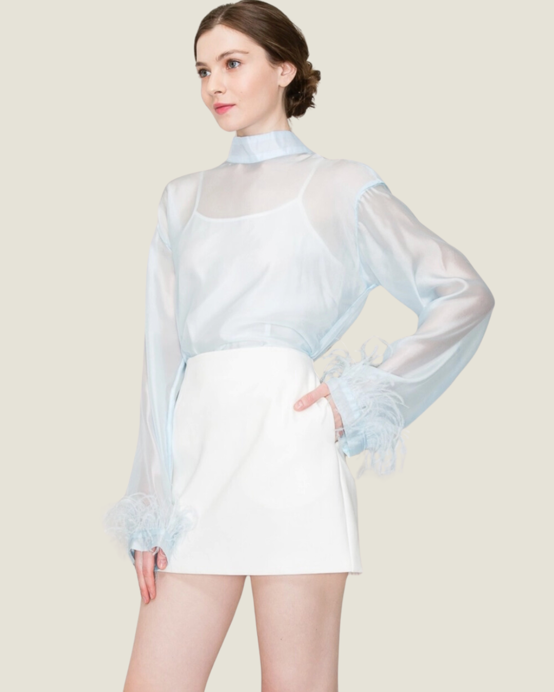 The Jingle: High Neck Long Sleeve Sheer Feather Trimmed Blouse