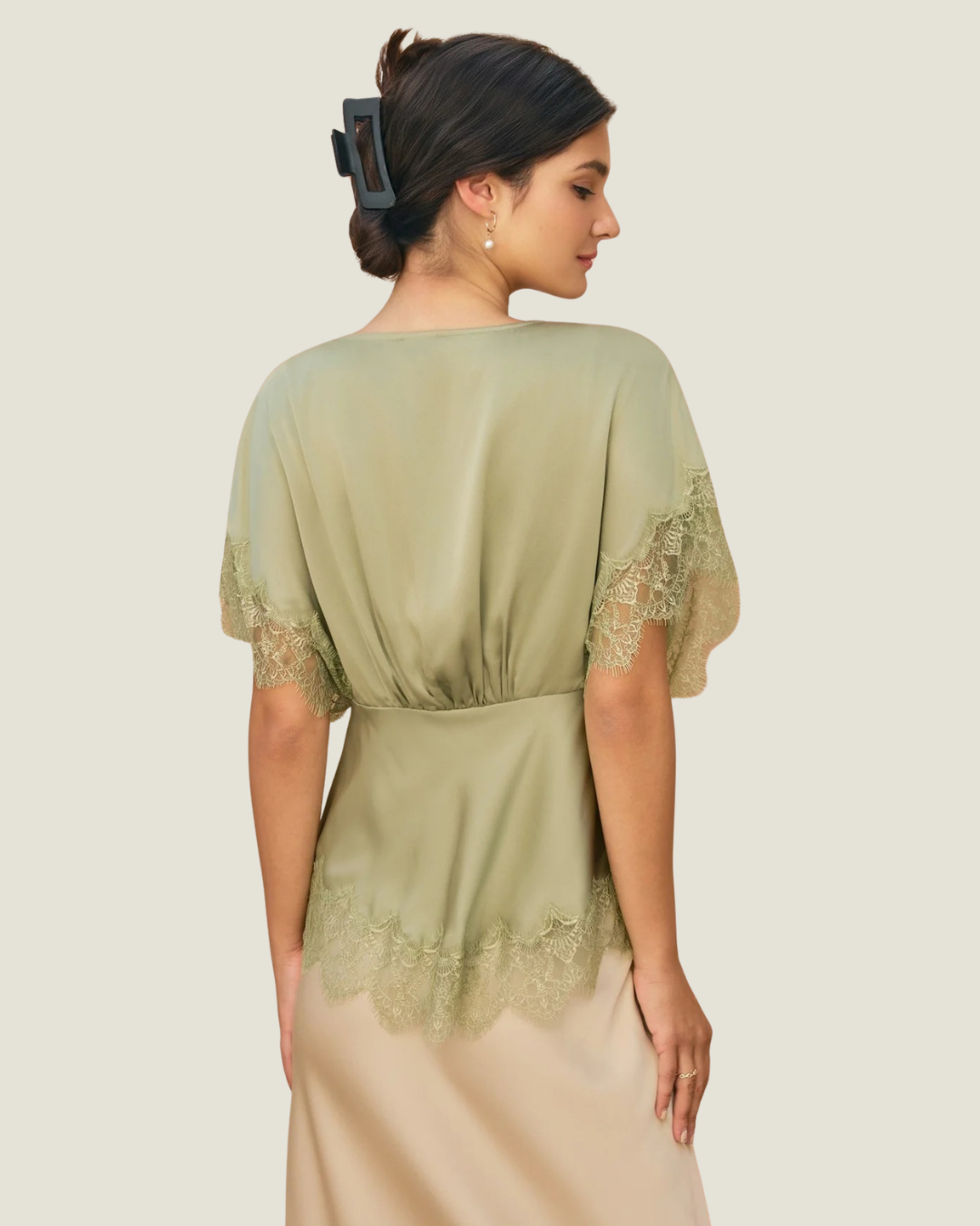 Celine Sage Green Satin Lace Trim Top