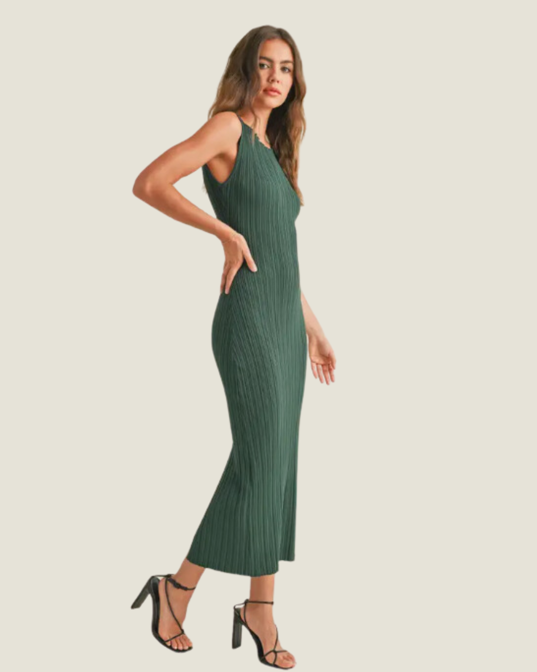 The Brooke: Green Ribbed Knit Midi Dress