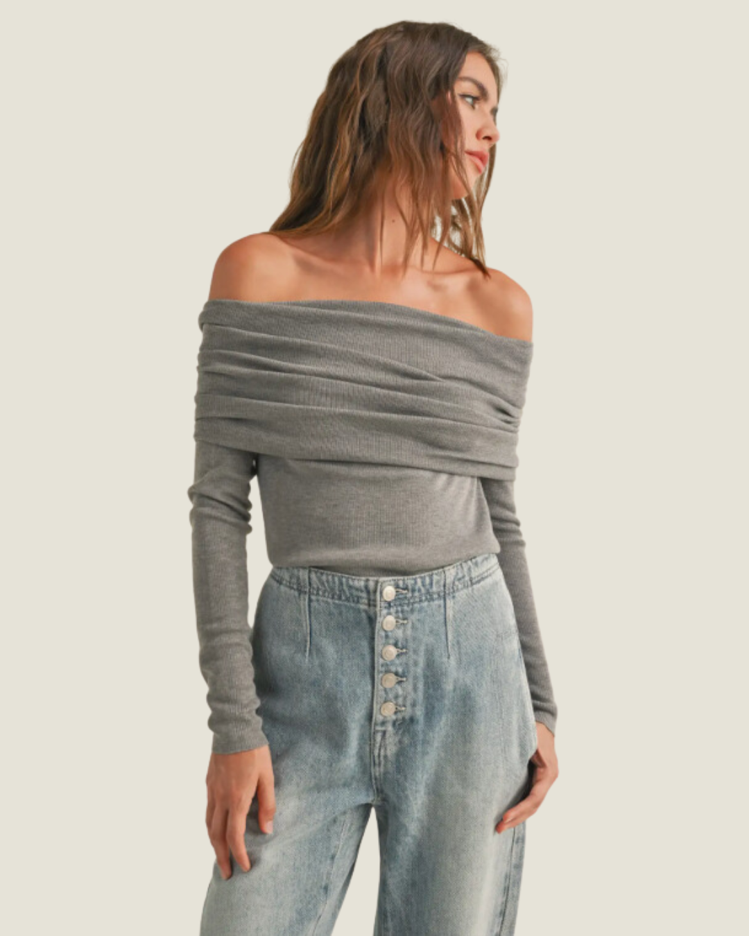 The Model Off Duty: Grey Off Shoulder Top