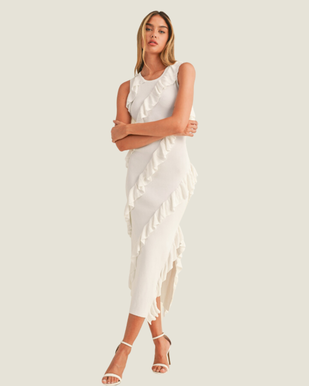 The Katherine: Asymmetric Ruffle Knit Midi Dress