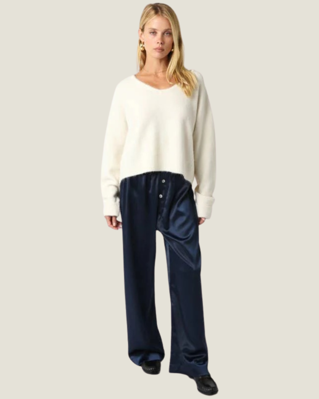 Evelyn Satin Navy Flowy Pants