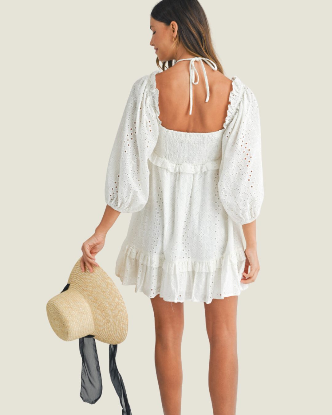 Out East: White Eyelet Lace Puff Sleeve Mini Dress