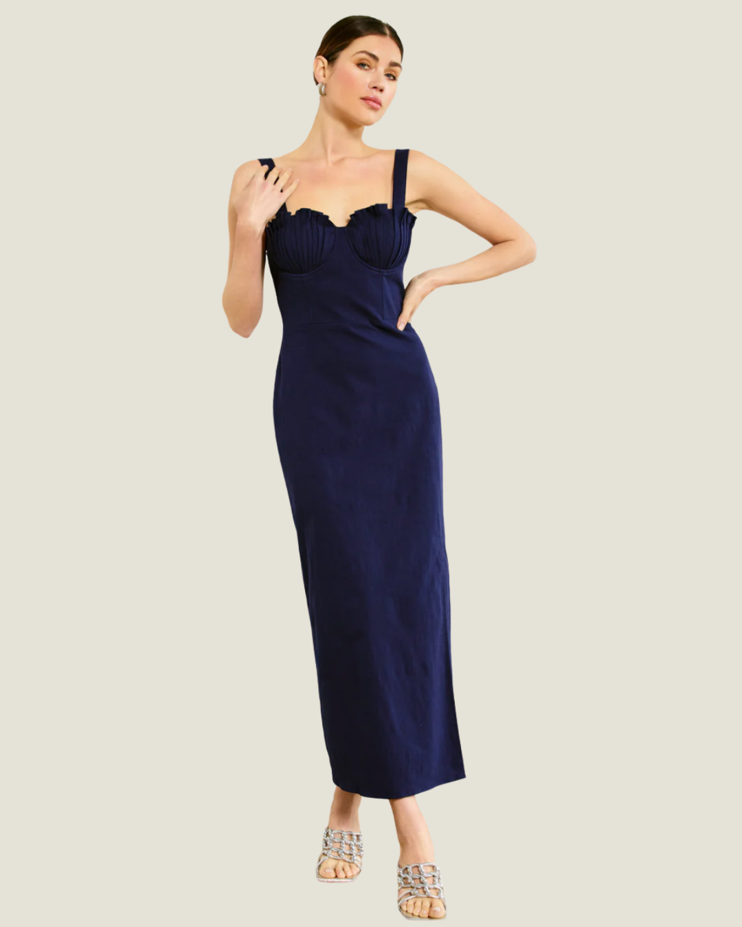 Perla Dress Navy- a navy slim fitting Maxi Dress with pleated cups from Line & Dot. Available at Love Celine a women’s boutique in SWFL.