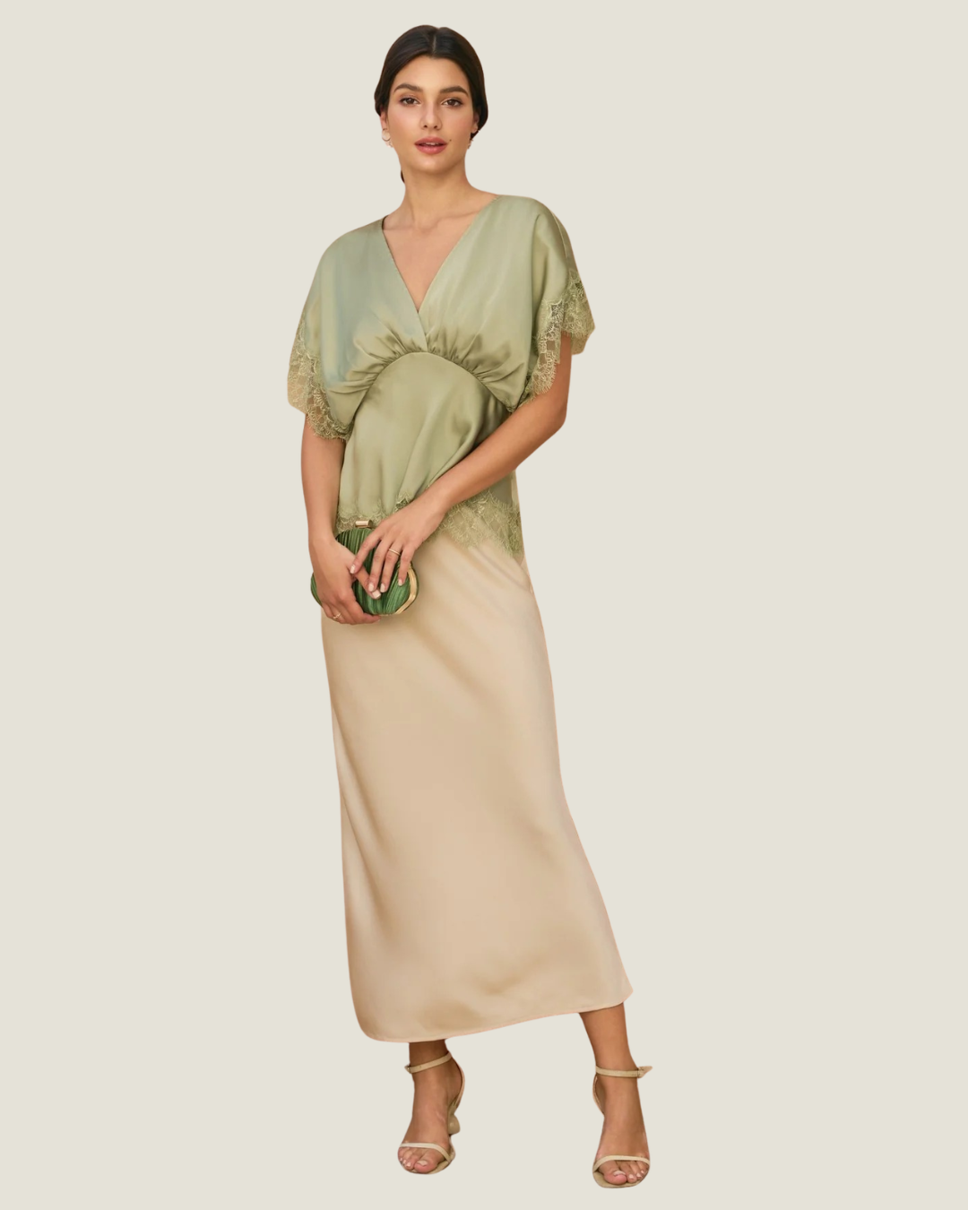 Celine Sage Green Satin Lace Trim Top