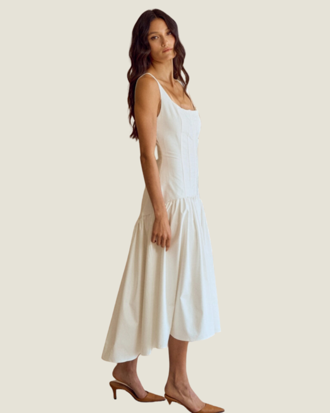 The Camila: Off White Sleeveless Bustier Midi Dress