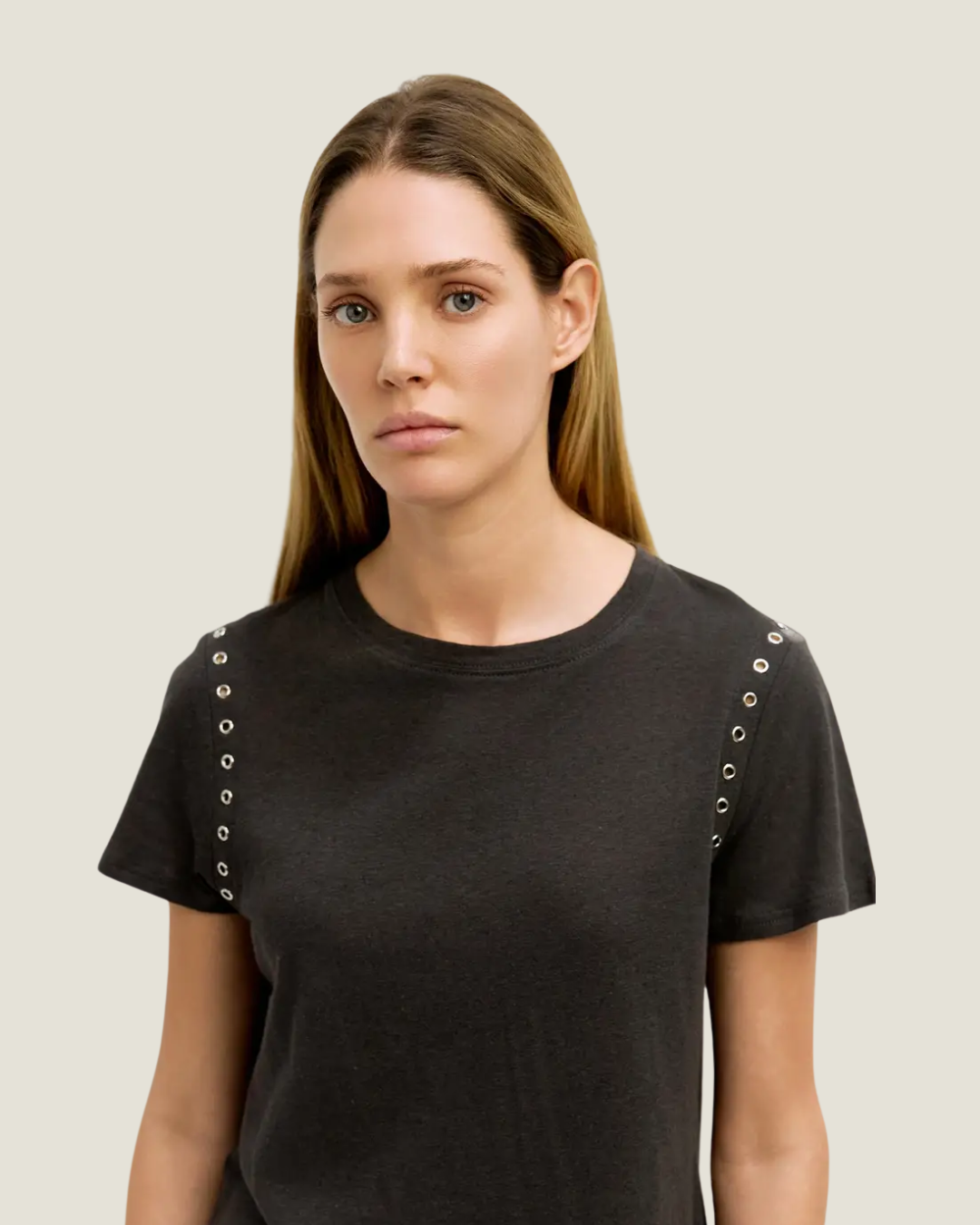 Black relaxed fit t-shirt with rivet detailing around armholes.