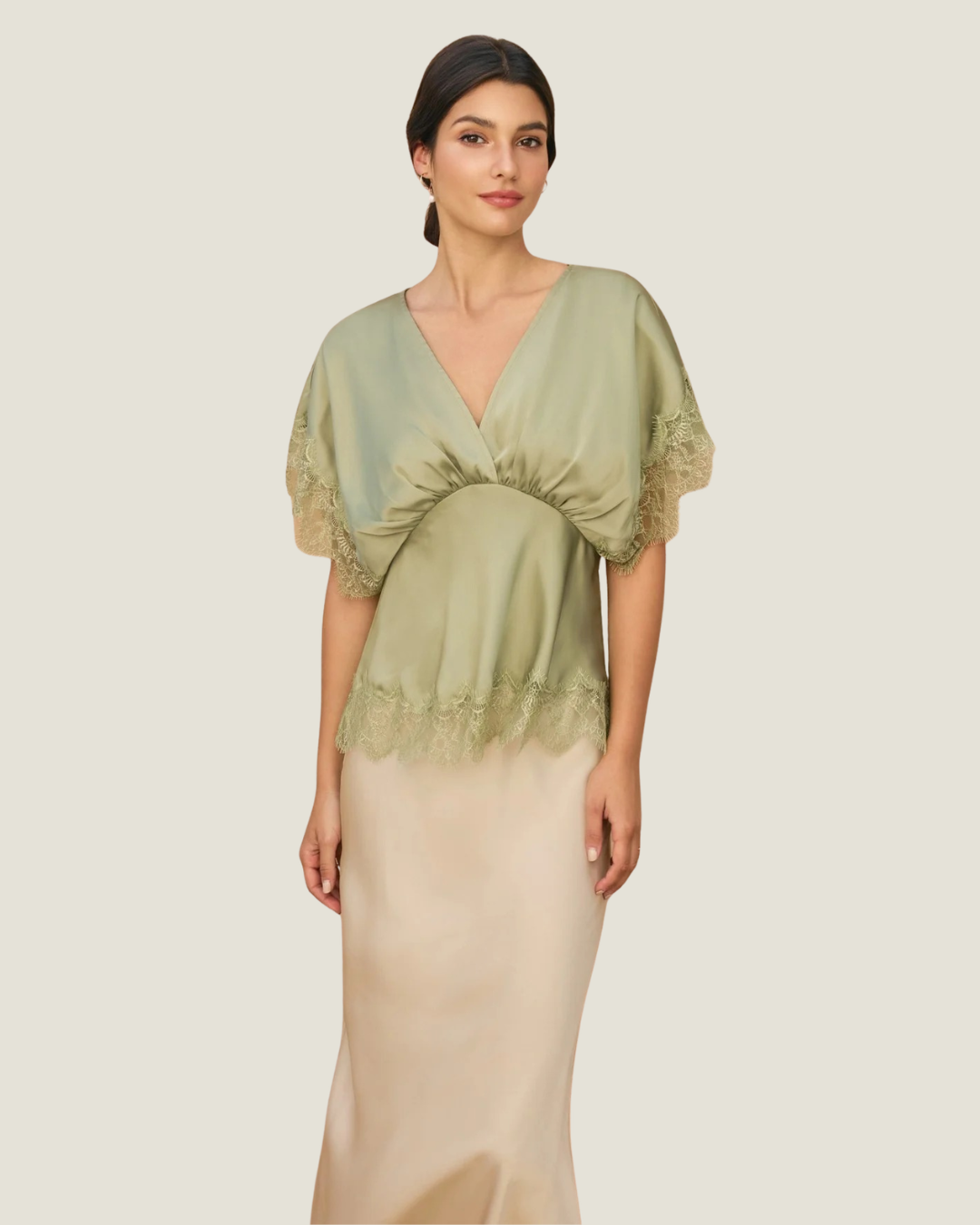 Celine Sage Green Satin Lace Trim Top
