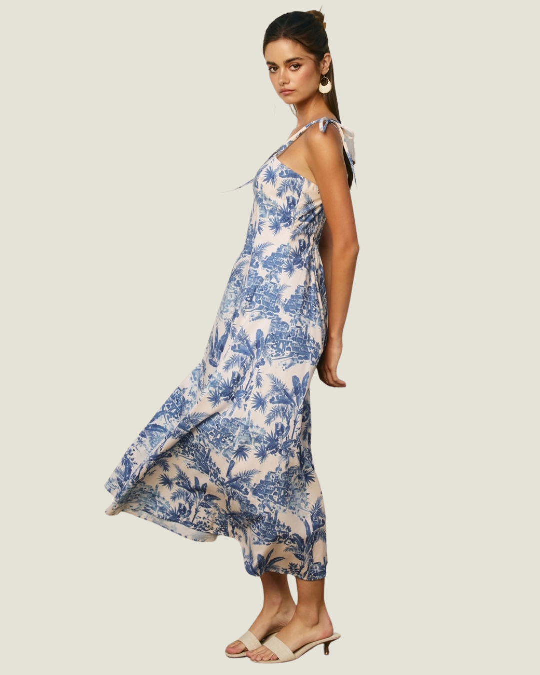 Blue and white coastal inspired toile print midi dress. 