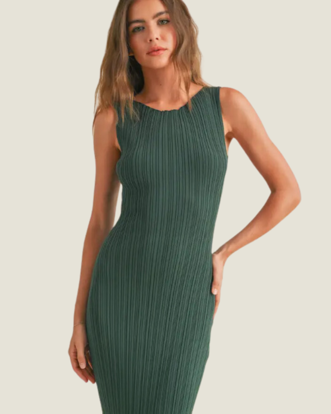 The Brooke: Green Ribbed Knit Midi Dress