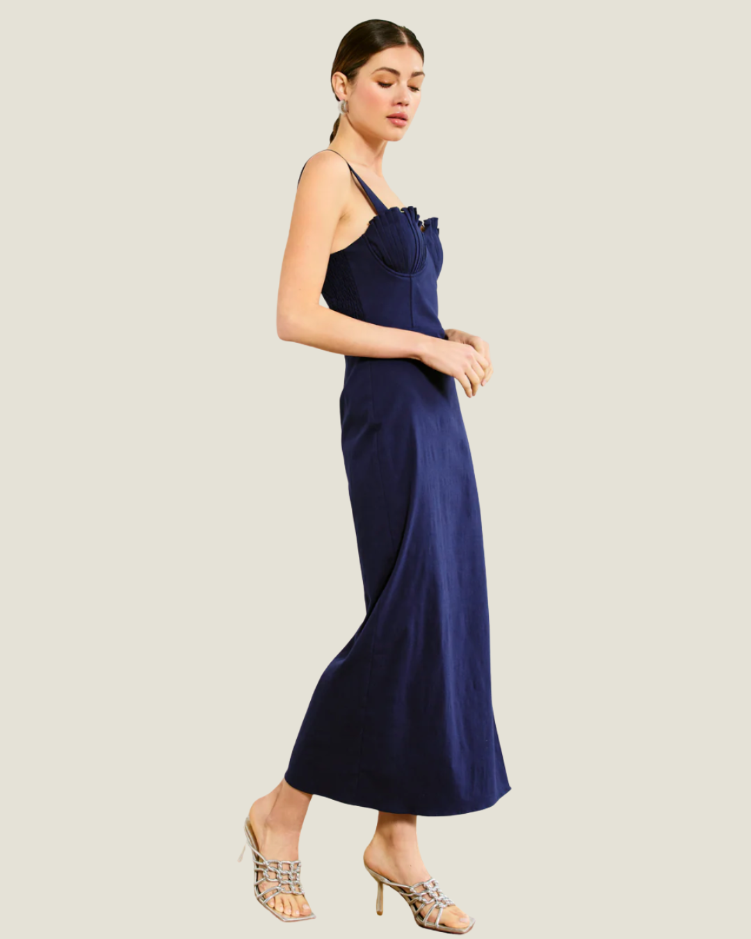 Perla Dress Navy- a navy slim fitting Maxi Dress with pleated cups from Line & Dot. Available at Love Celine a women’s boutique in SWFL.