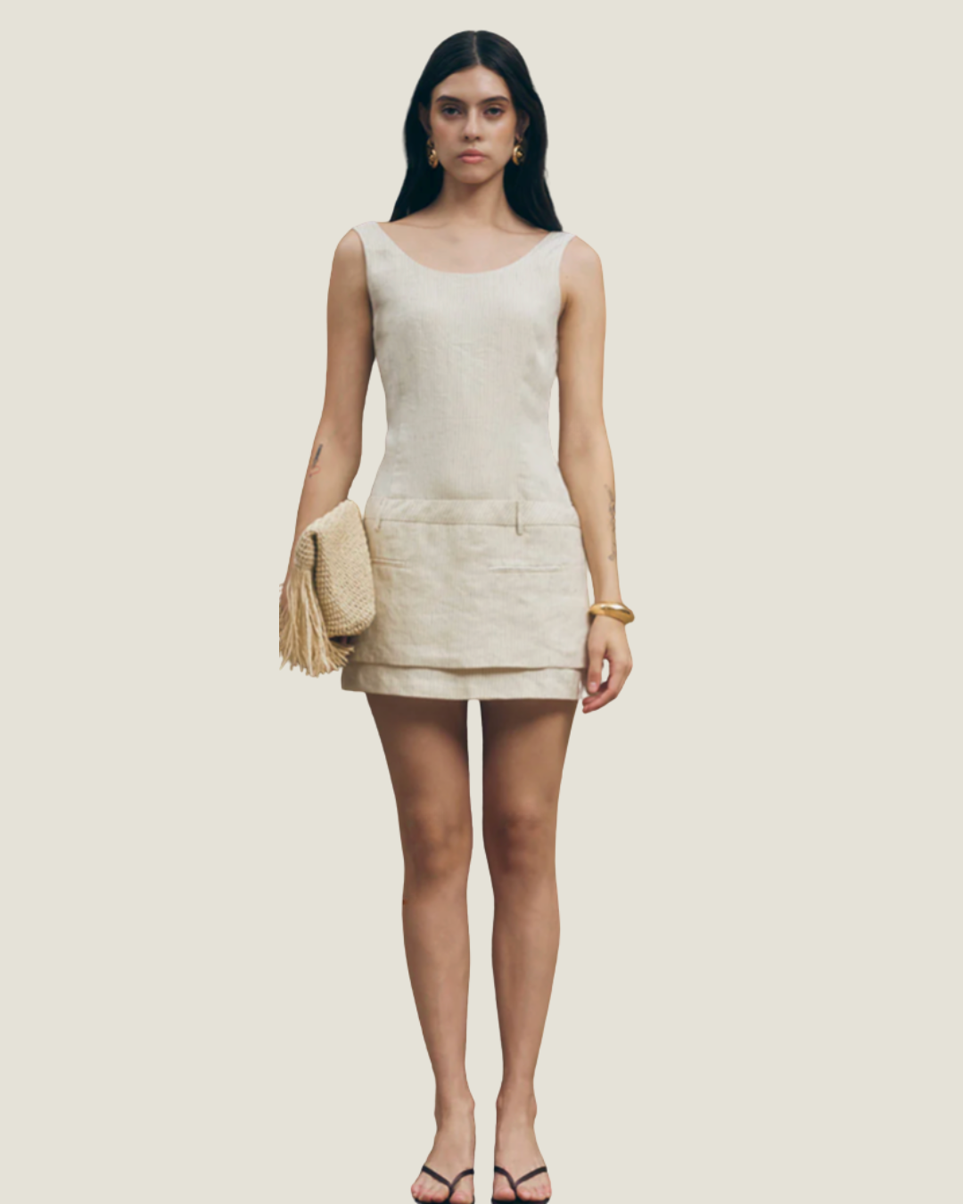 Jade Linen Stripe A Line Double Layer Mini Dress