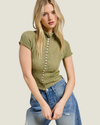 Green sheer mock-neck button detailed top. 