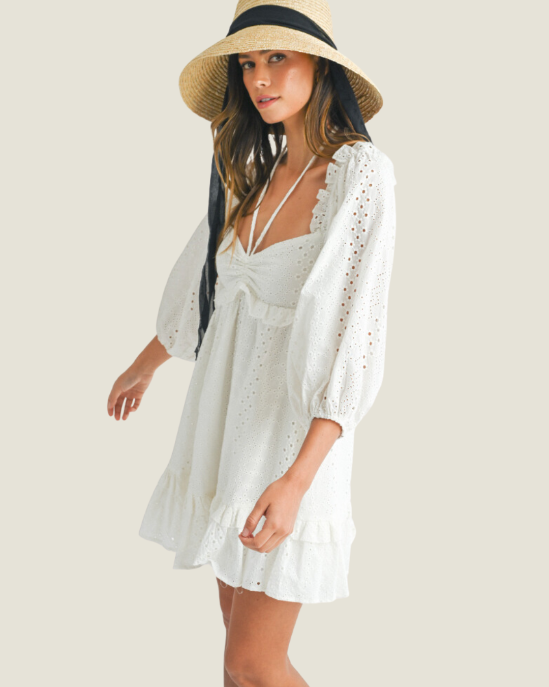 Out East: White Eyelet Lace Puff Sleeve Mini Dress