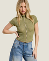 Green sheer mock-neck button detailed top. 