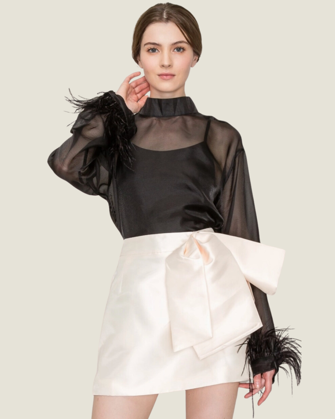 The Jingle: High Neck Long Sleeve Sheer Feather Trimmed Blouse