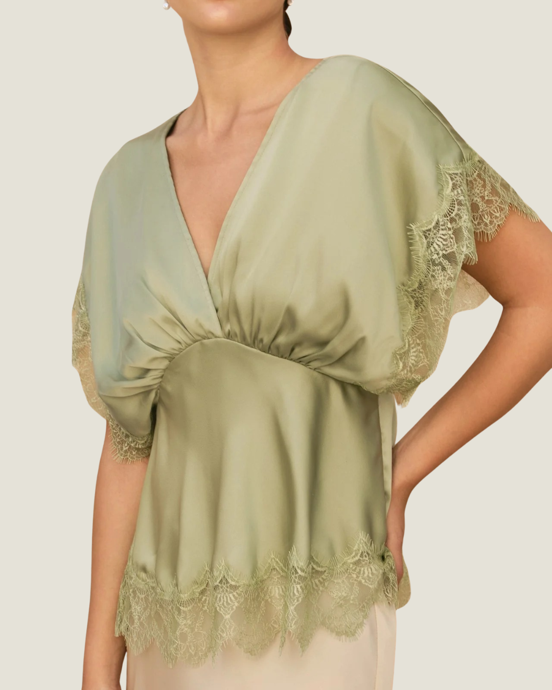 Celine Sage Green Satin Lace Trim Top