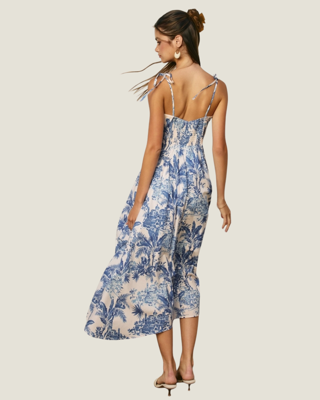 Blue and white coastal inspired toile print midi dress. 