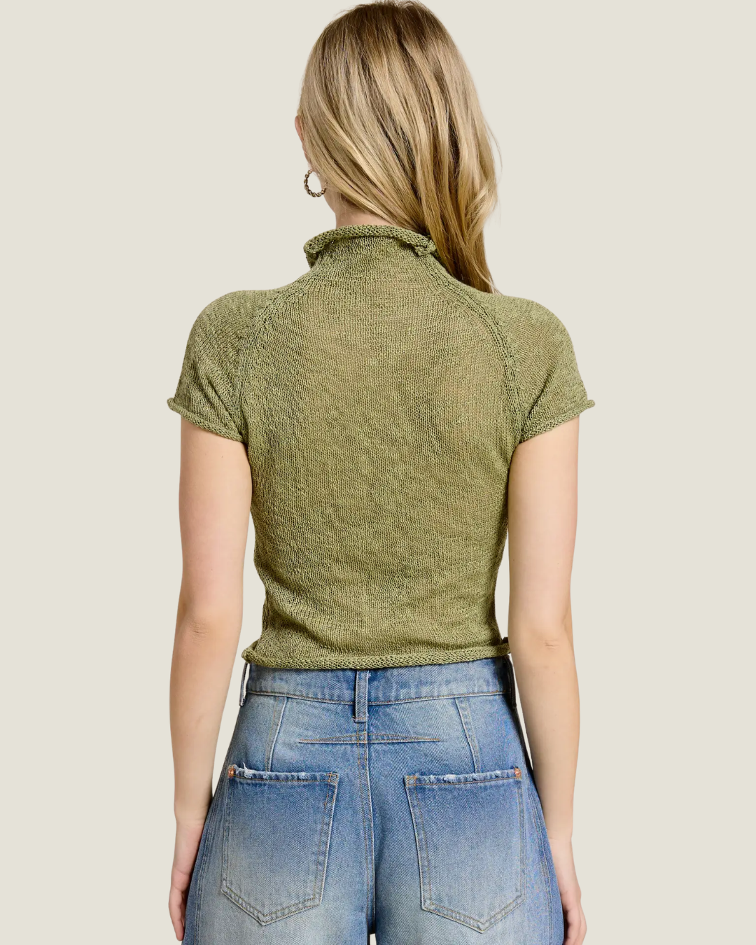 Green sheer mock-neck button detailed top. 