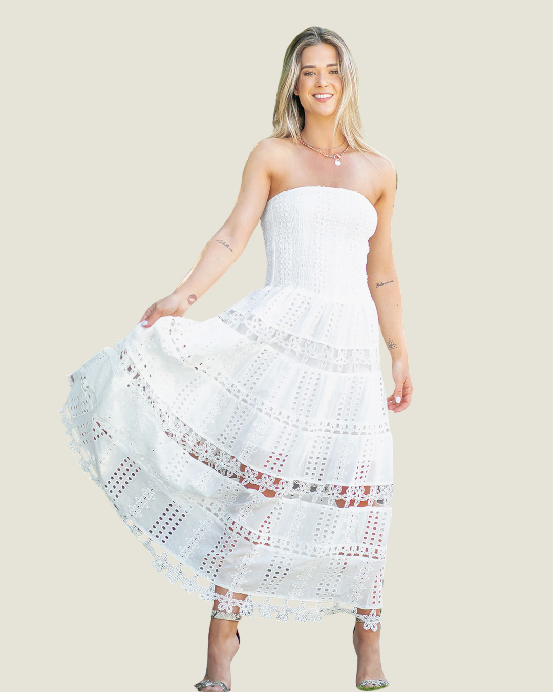 Maryann White Eyelet Midi Dress