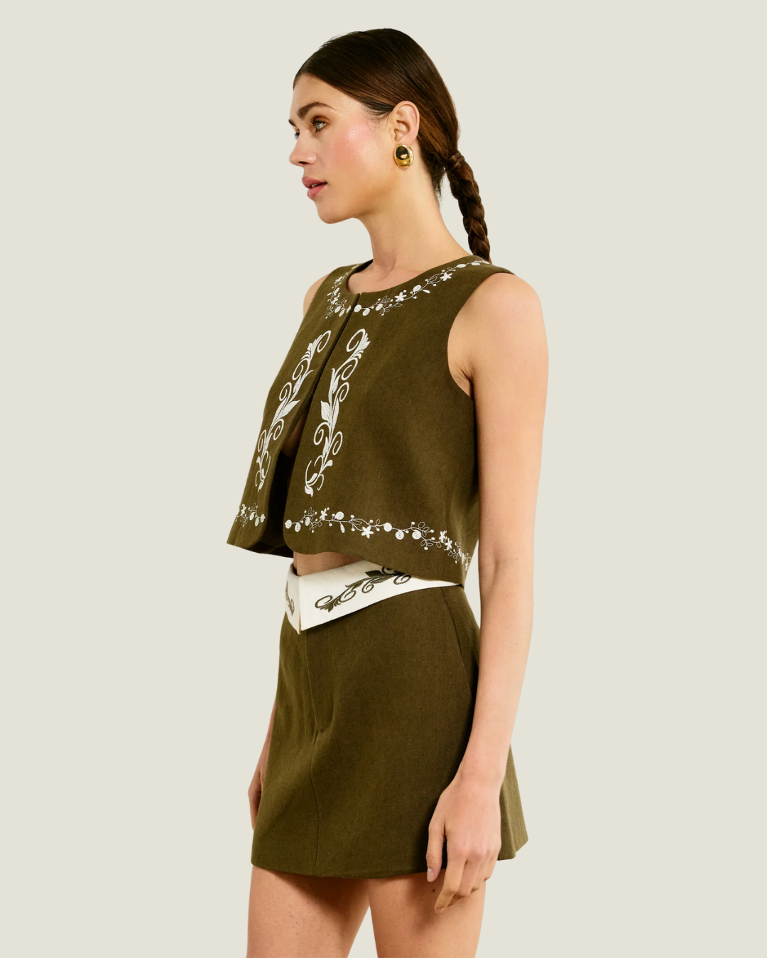 Brea Olive Embroidered Mini Skirt
