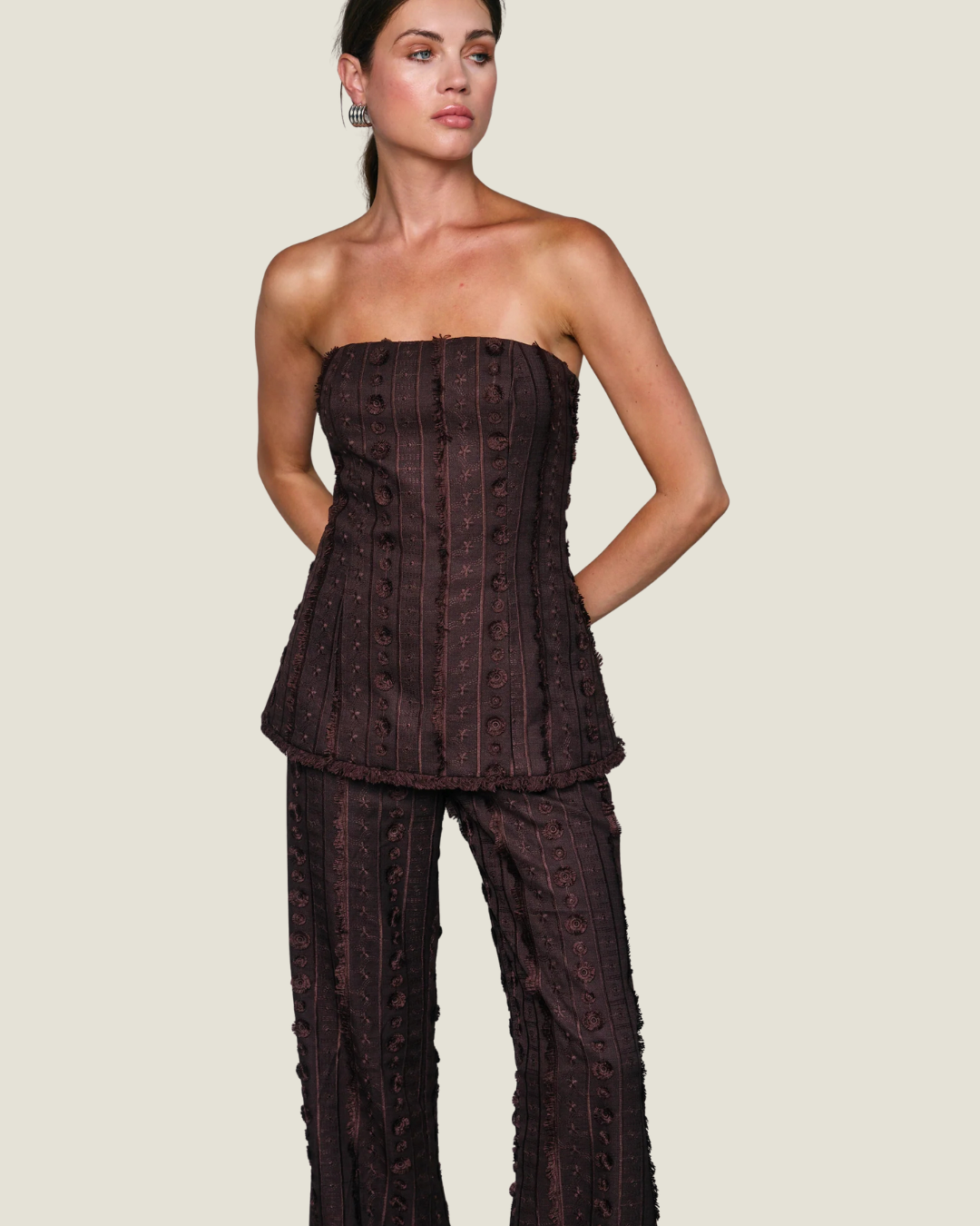 Panna Brown Textured Strapless Top