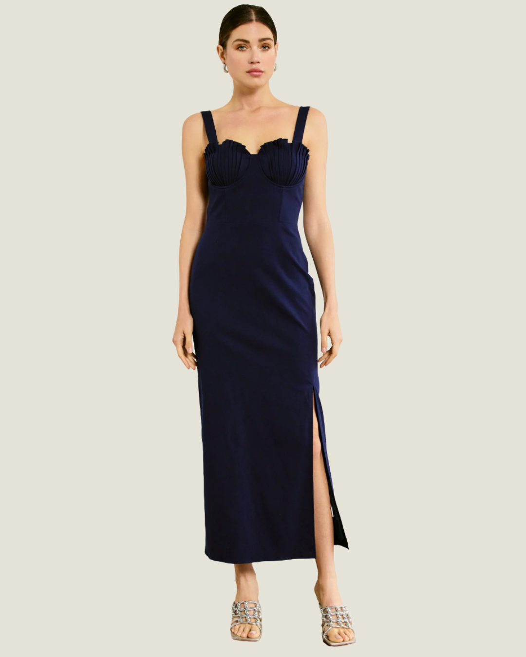 Perla Dress Navy- a navy slim fitting Maxi Dress with pleated cups from Line & Dot. Available at Love Celine a women’s boutique in SWFL.