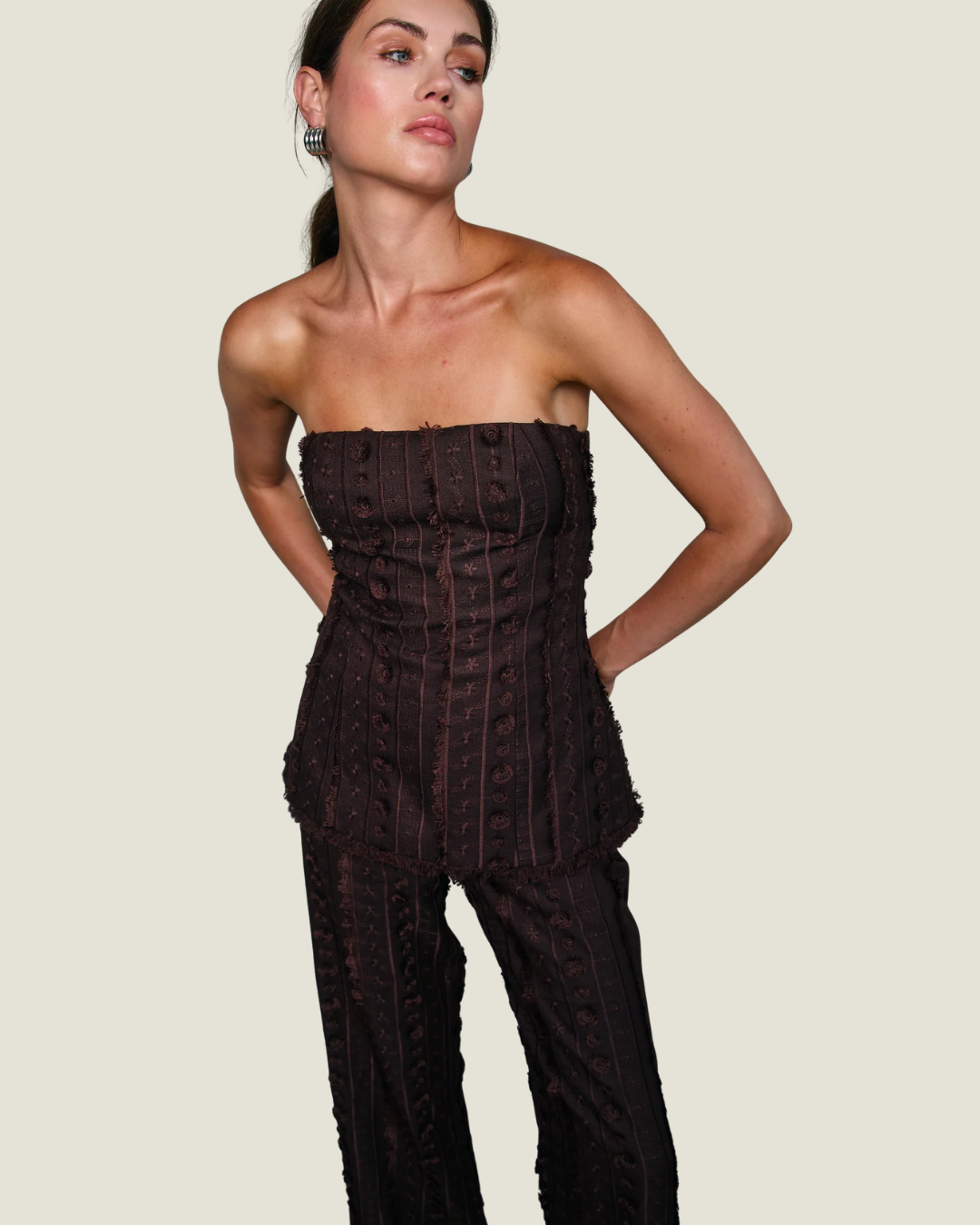 Panna Brown Textured Strapless Top