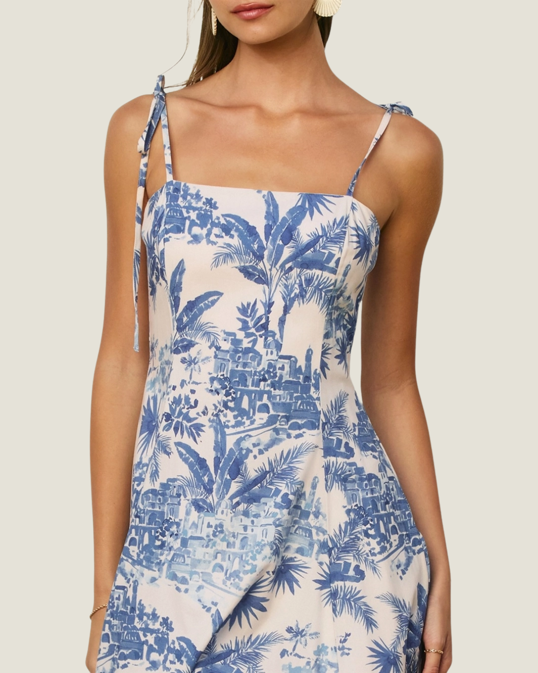 Blue and white coastal inspired toile print midi dress. 