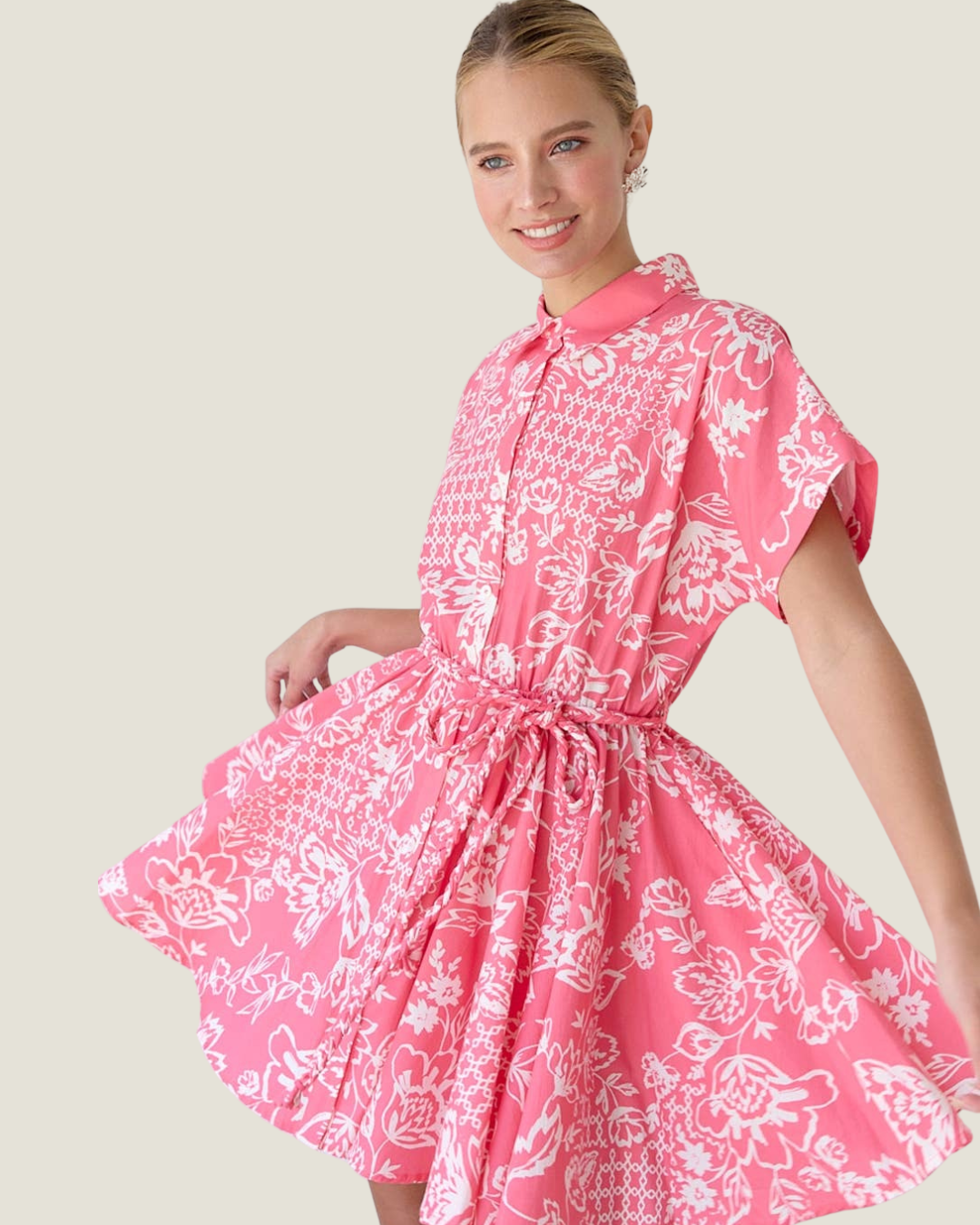 Cebera Short Sleeve Linen Print Mini Dress With Braid Tie