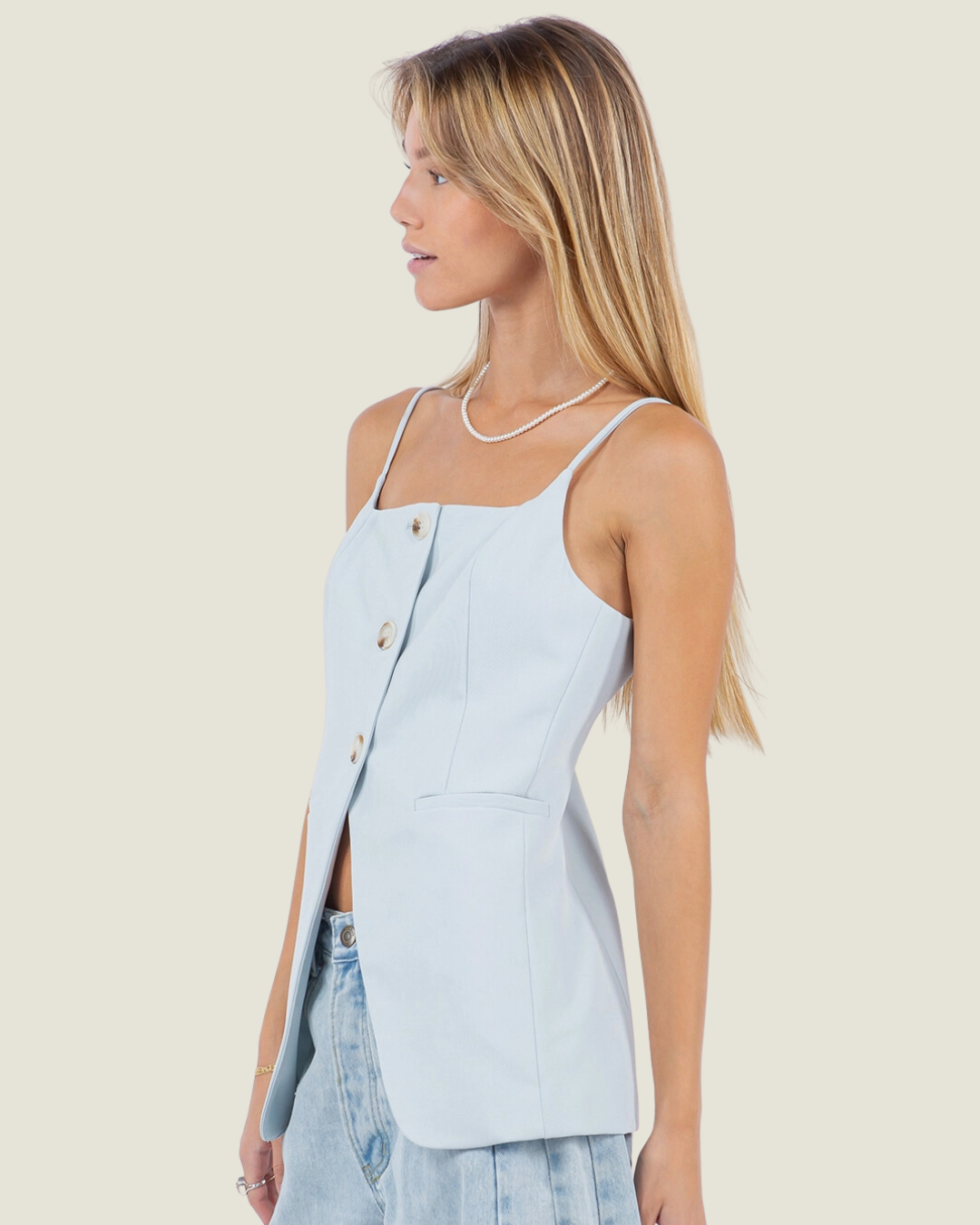 The Faith: Light Blue Button Up Sleeveless Top