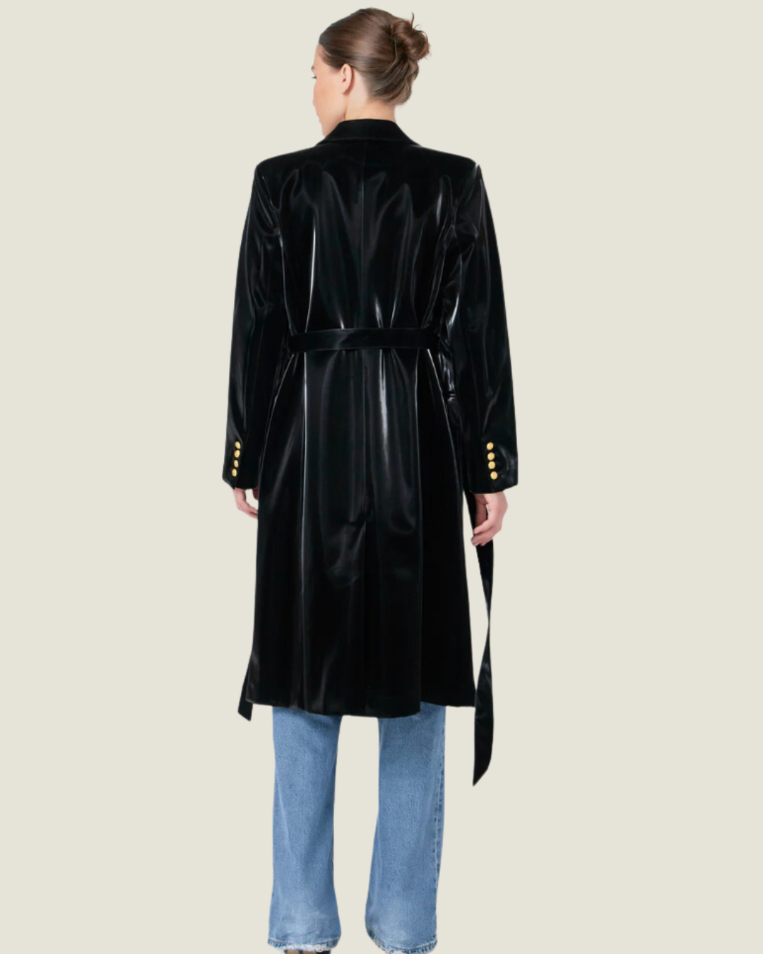 Black Shiny Vegan Leather Trench Coat