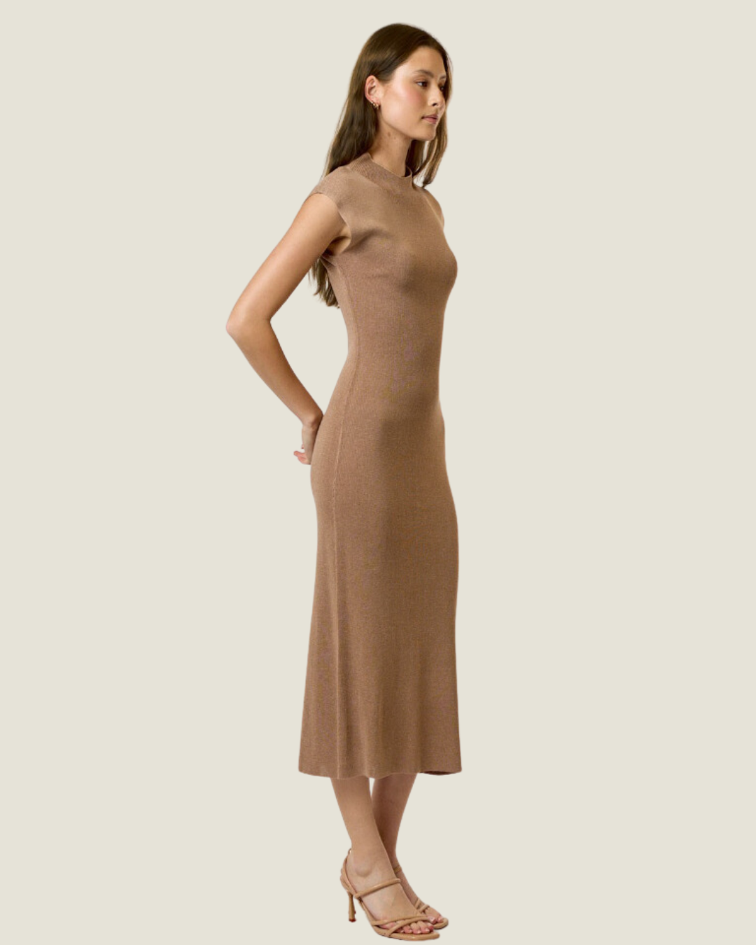 Camel Sleveless Mock Neck  Midi Dress