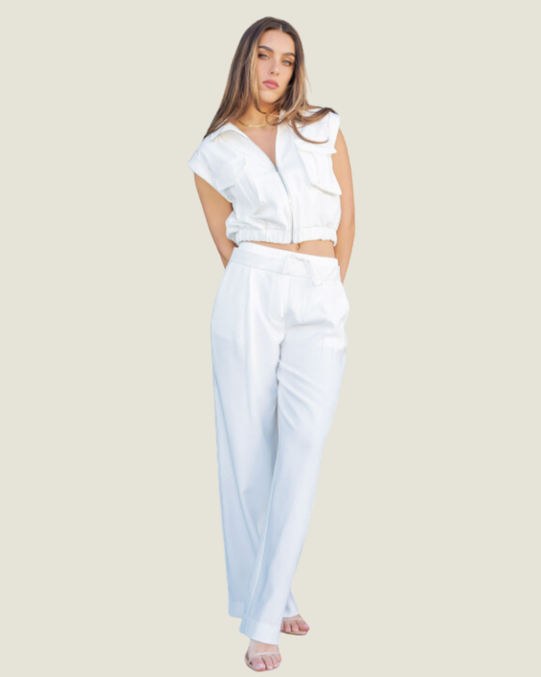 City Chic: White Satin Waistband Contrast Wide Leg Pants