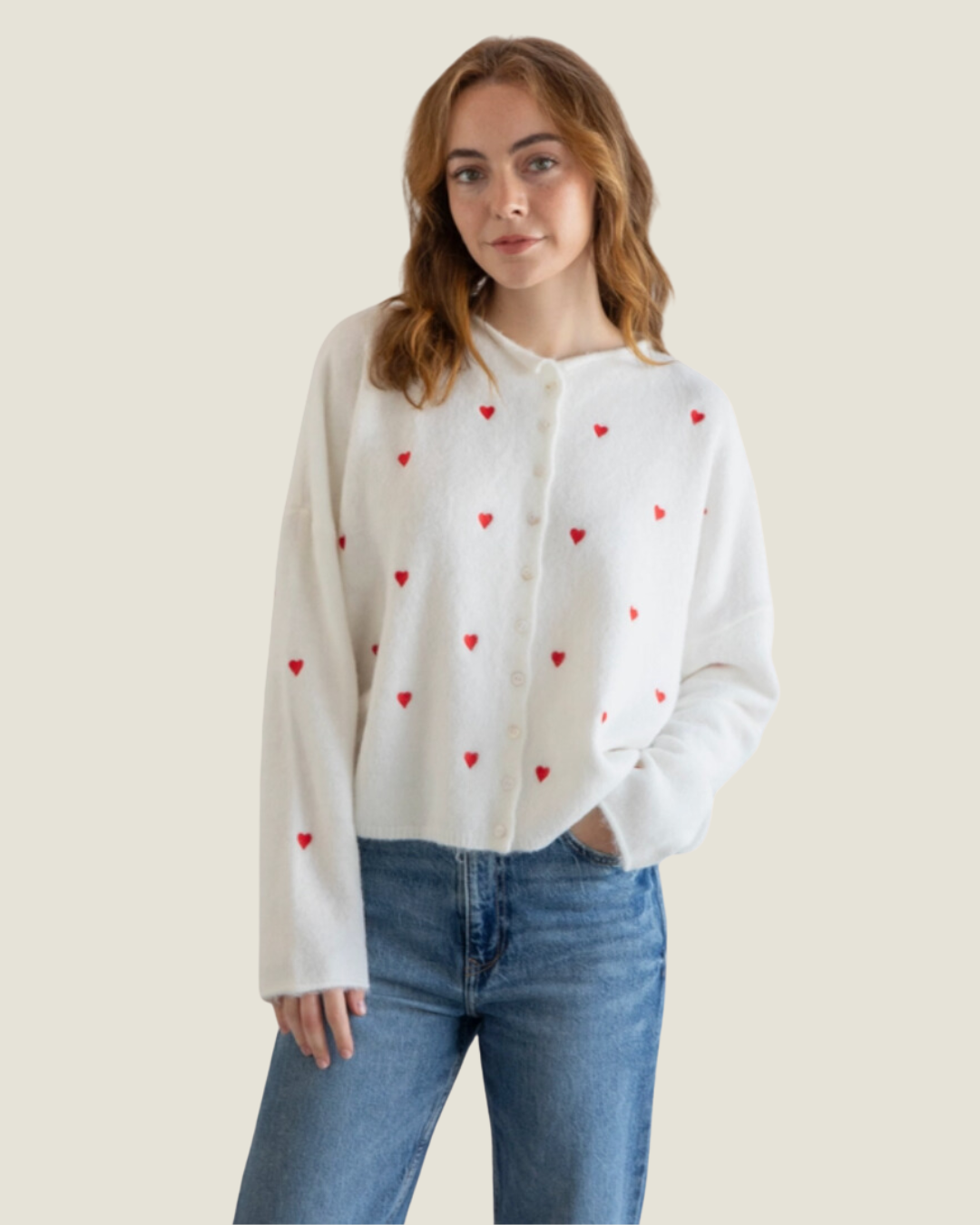 The Piper: White Cardigan with Heart Embroidery