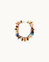 Handmade multicolor resin bead statement necklace with glossy earth-tone beads, mocha vegan suede cord, and vintage gold-plated hardware.