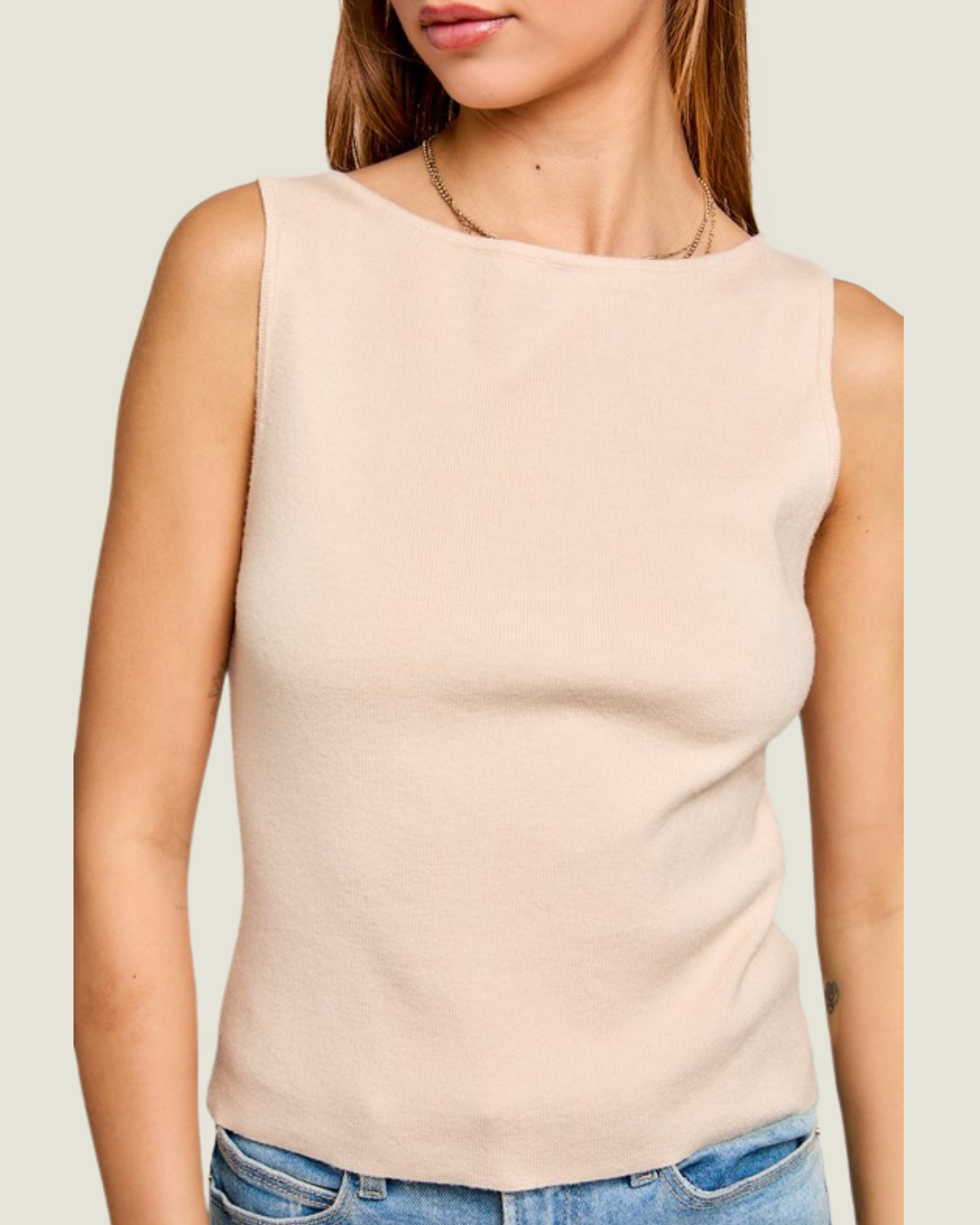 The Landry: Cream Boat Neck Sleeveless Top