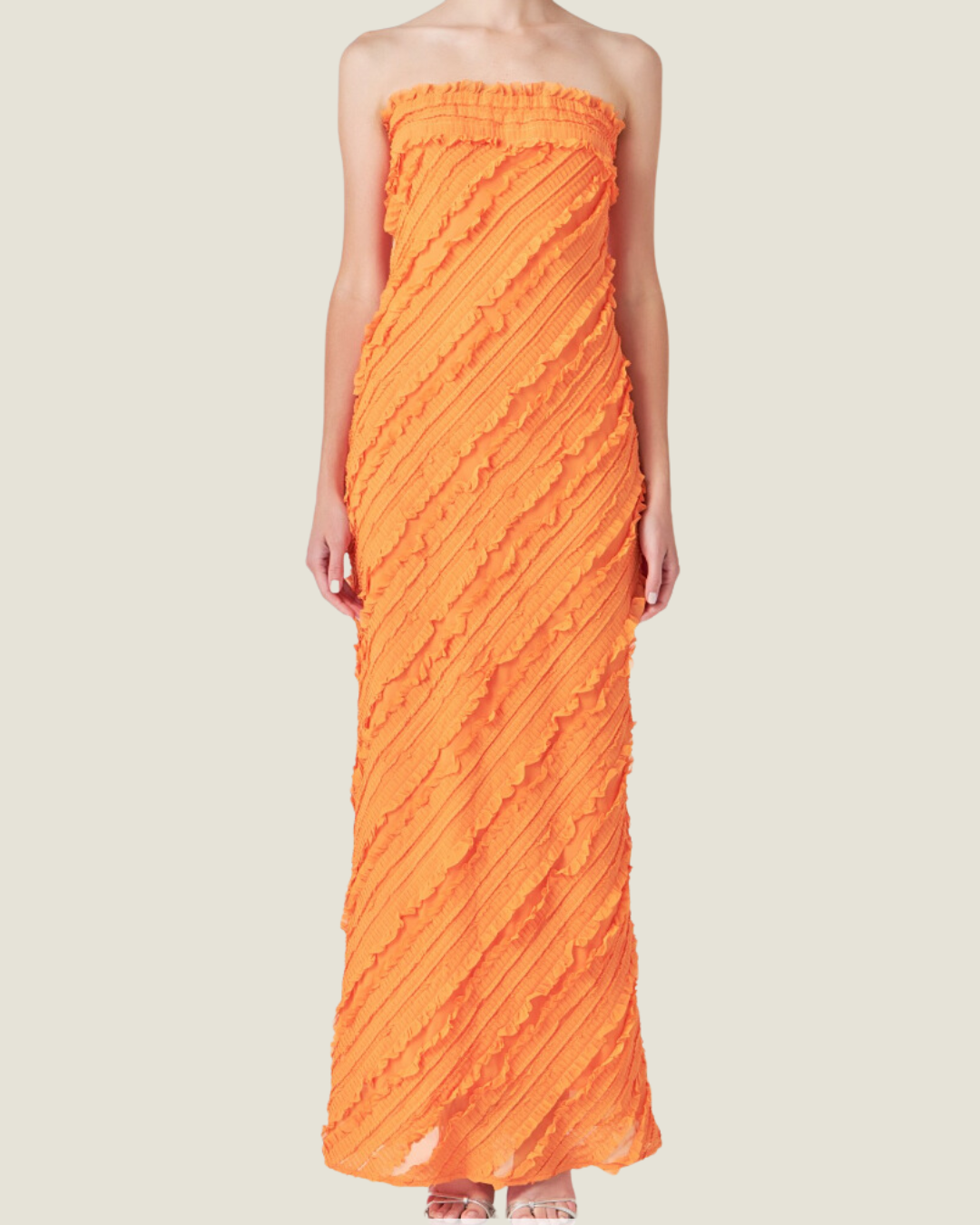 Citrus Club: Orange Strapless Ruffled Maxi Dress