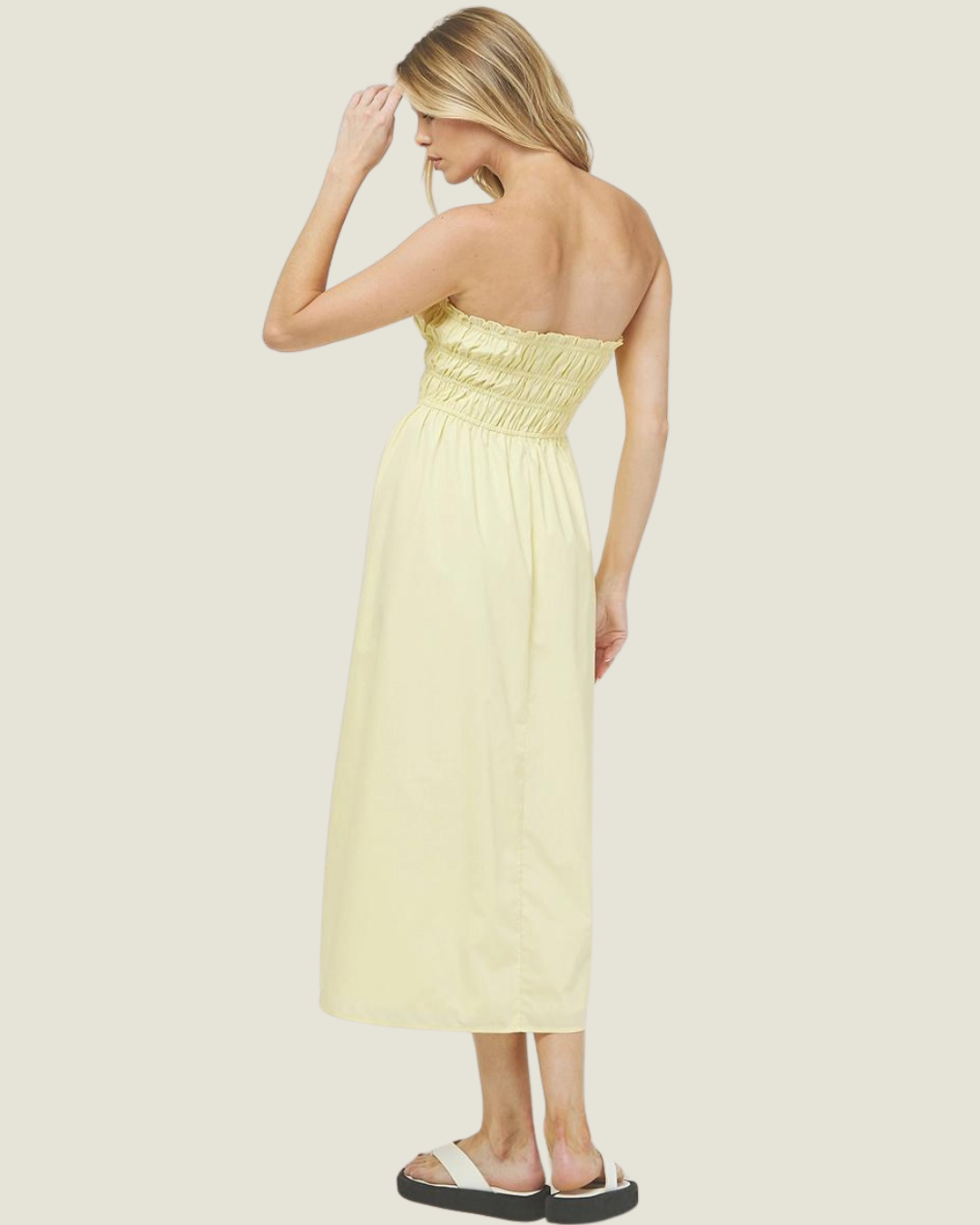 The Daisy: Lemon Poplin Ruched Strapless Maxi Dress