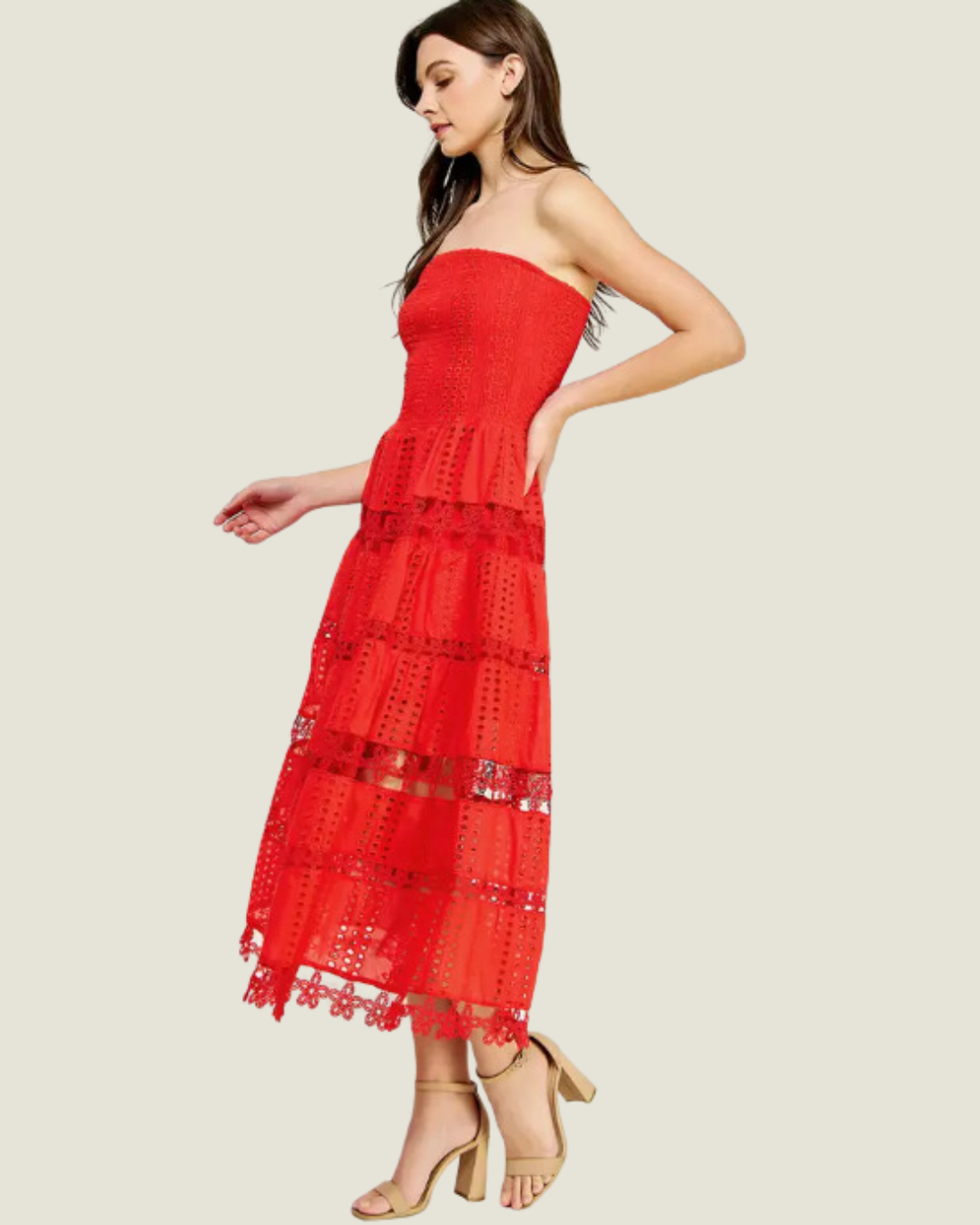 The MaryAnn: Red Eyelet Lace Strapless Midi Dress