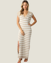 The Tracey: Sleeveless Oatmeal Stripe Knit Midi Dress