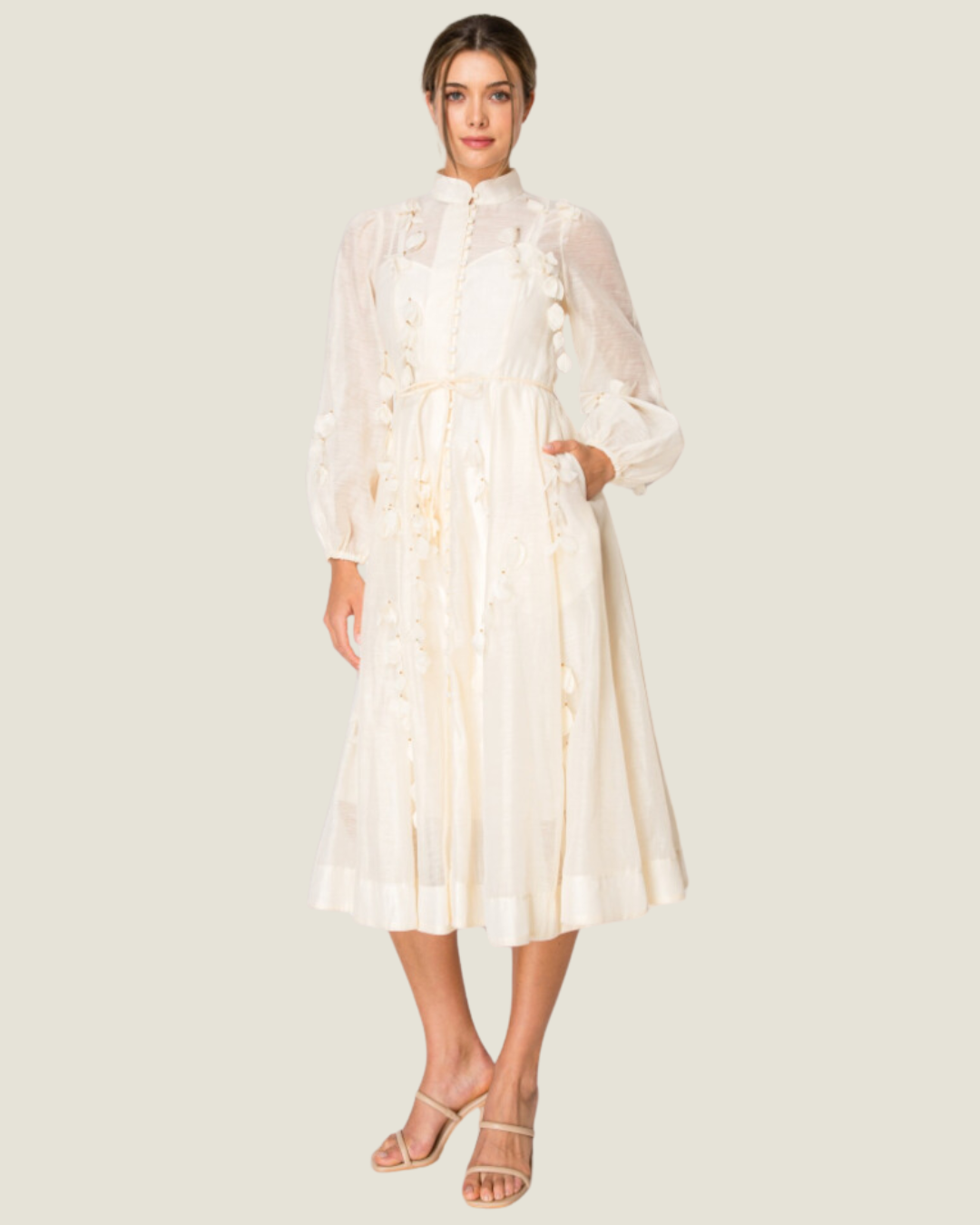 The Sandra: Button Up Ivory Flower Detailed Maxi Dress