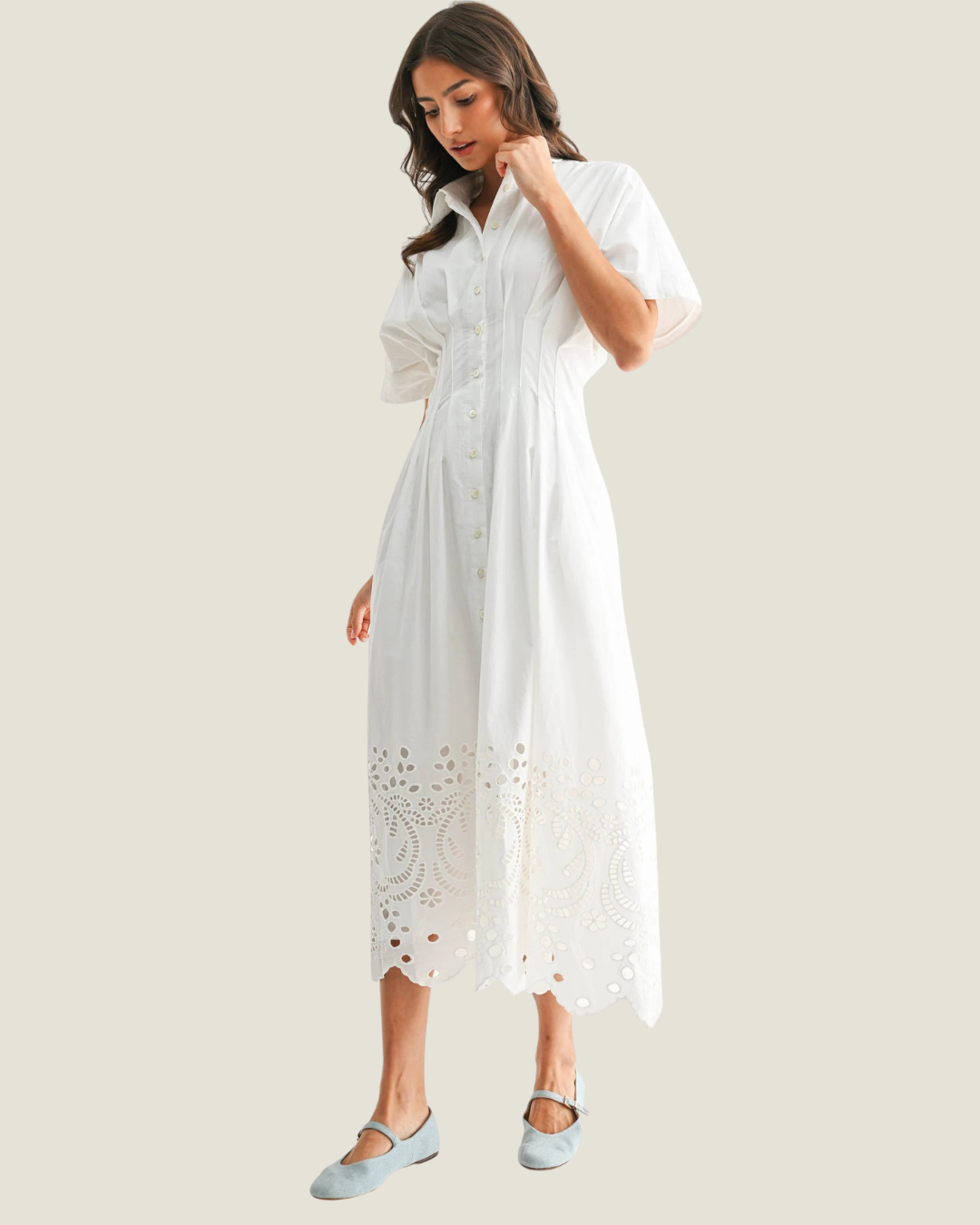 Bree Eyelet Button Front Midi Dress