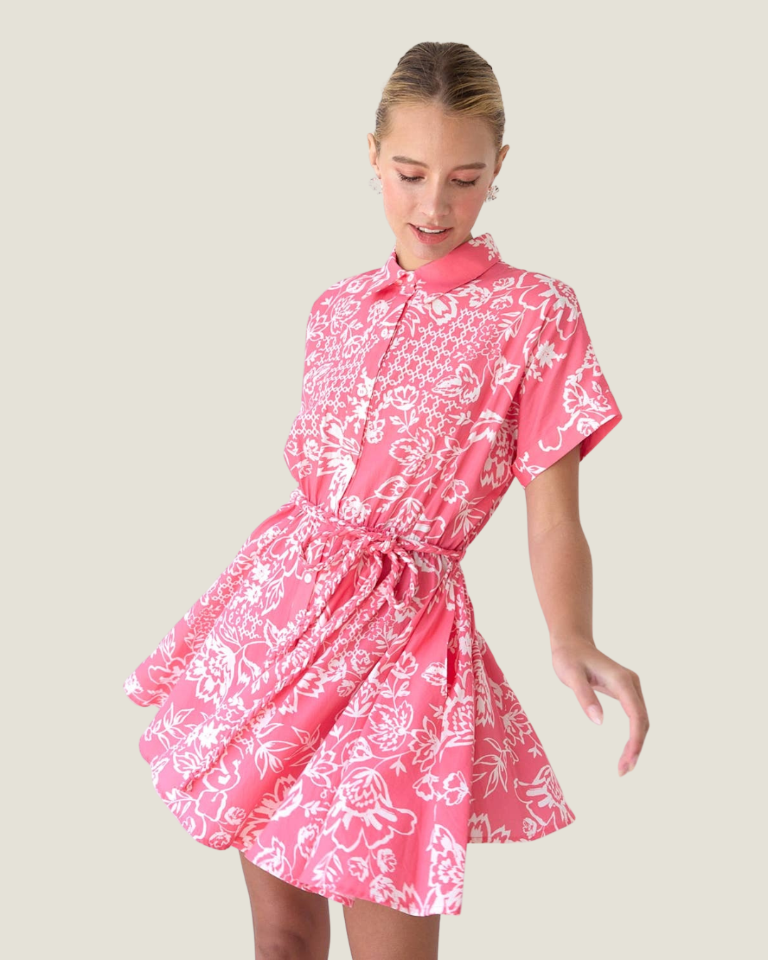 Cebera Short Sleeve Linen Print Mini Dress With Braid Tie