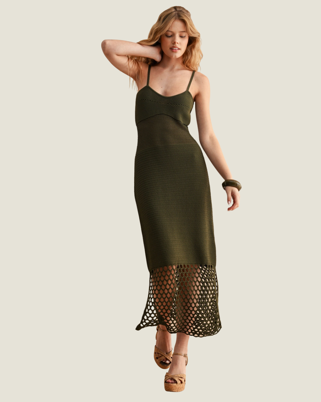 Olive Green Midi Dress with Mesh Middle and Knit Material. 