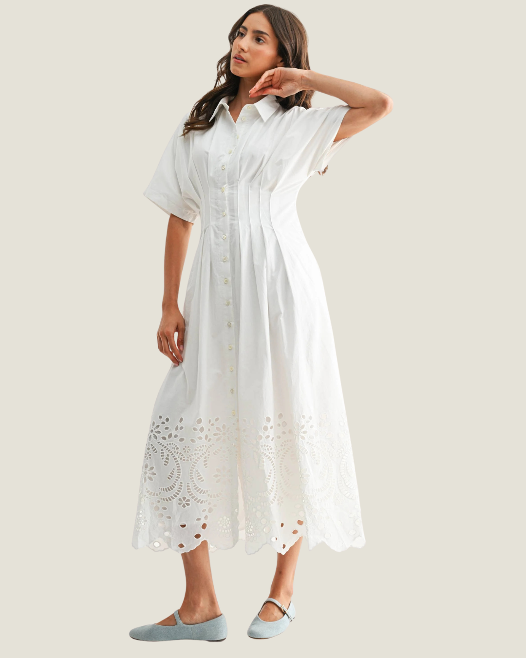Bree Eyelet Button Front Midi Dress