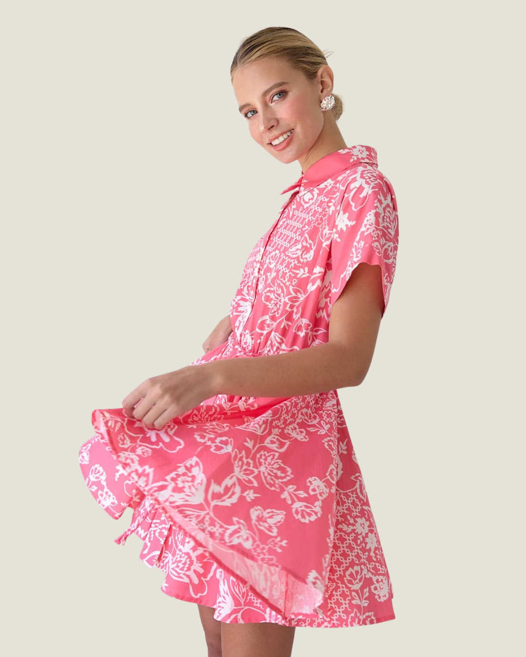 Cebera Short Sleeve Linen Print Mini Dress With Braid Tie