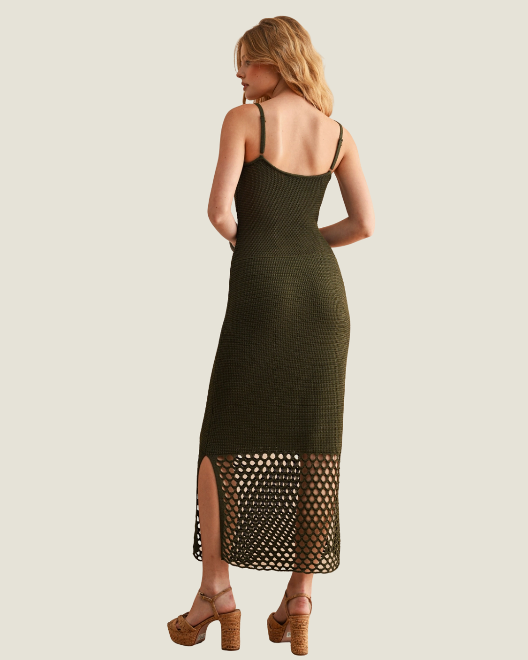 Olive Green Midi Dress with Mesh Middle and Knit Material. 