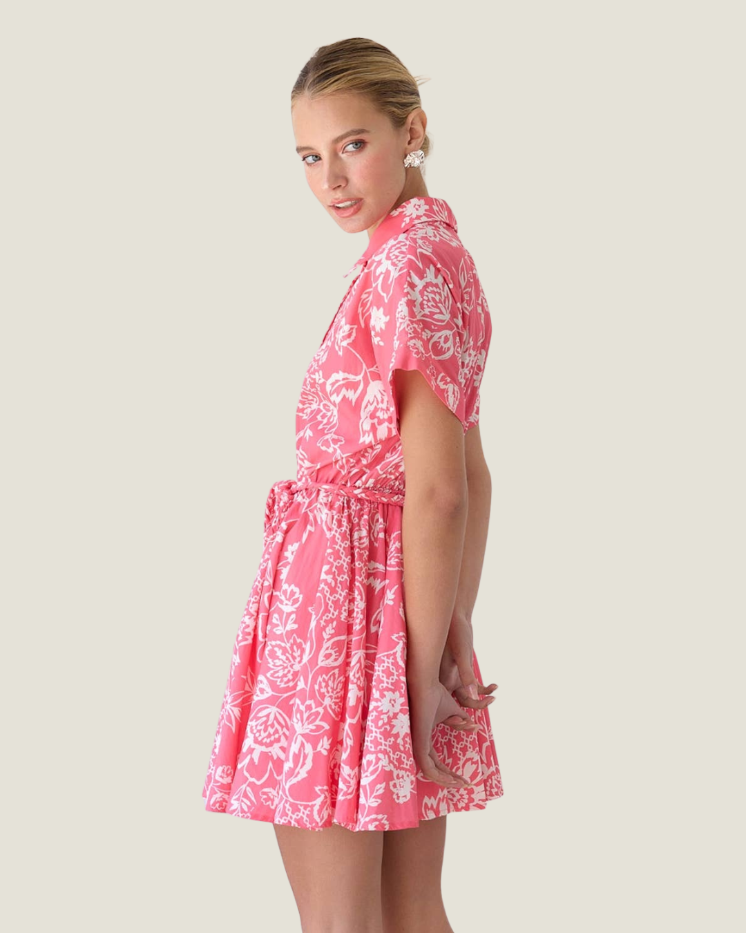 Cebera Short Sleeve Linen Print Mini Dress With Braid Tie