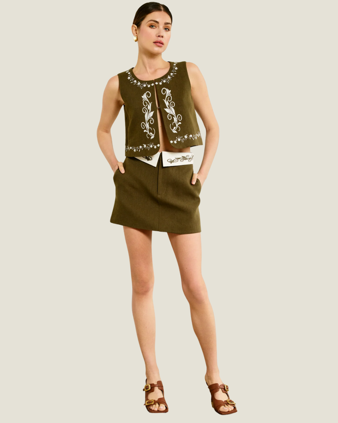 Brea Olive Embroidered Mini Skirt